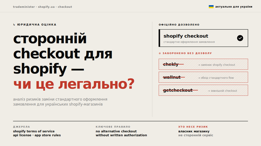 Законно ли использовать сторонний checkout для Shopify-магазина: Chekly, Wallnut, GetCheckout